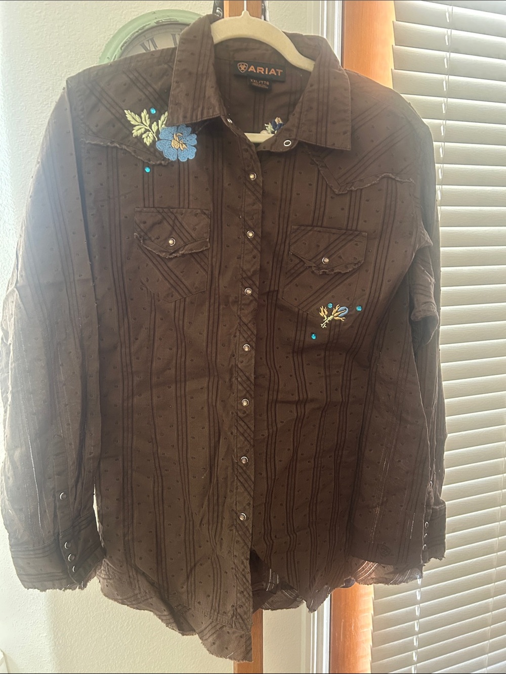 Ariat Brown Embroidered Western Shirt Jacket with Blue Floral Accents VGUC